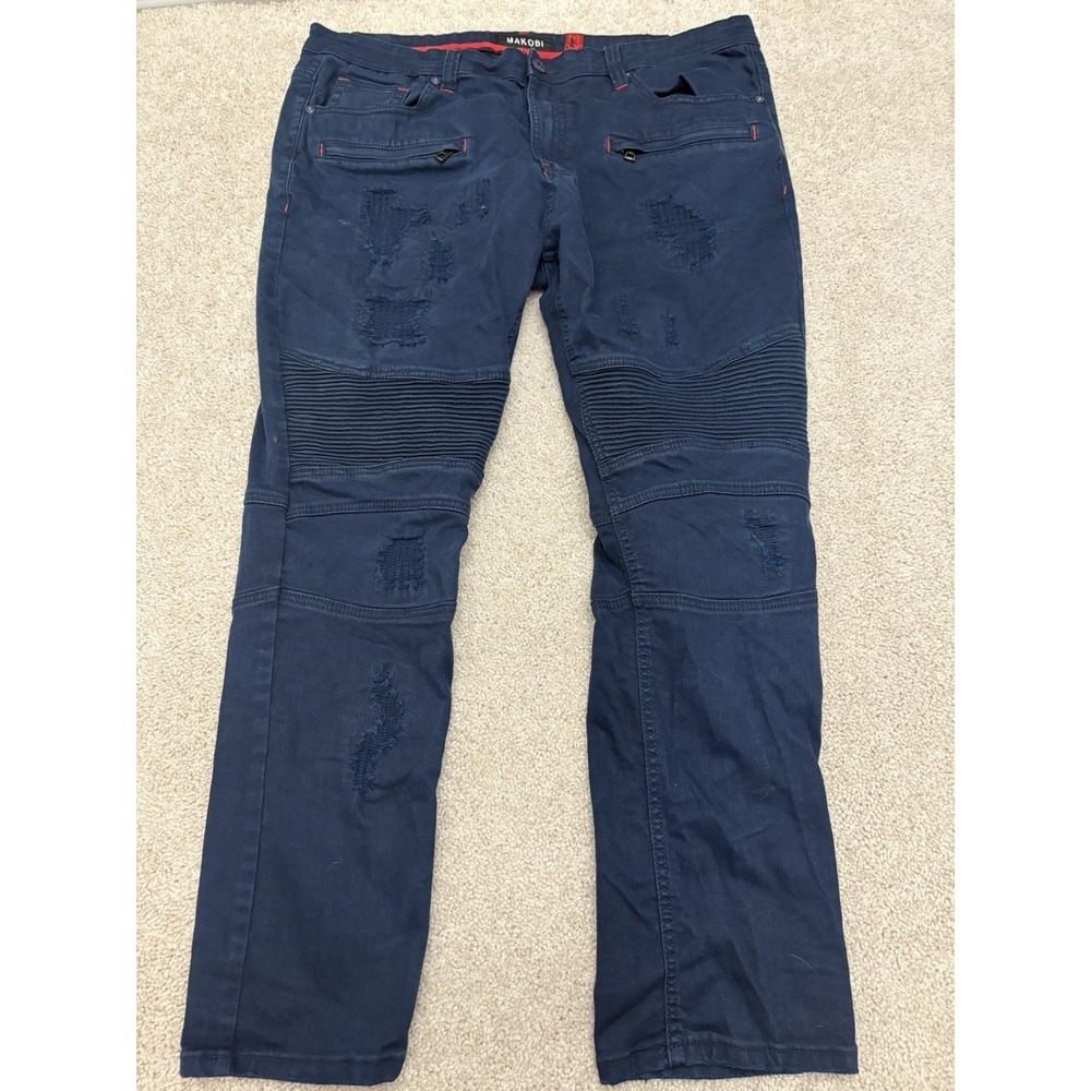 Men's MAKOBI PRADO BIKER JEANS WITH RIP & REPAIR Size 42x32